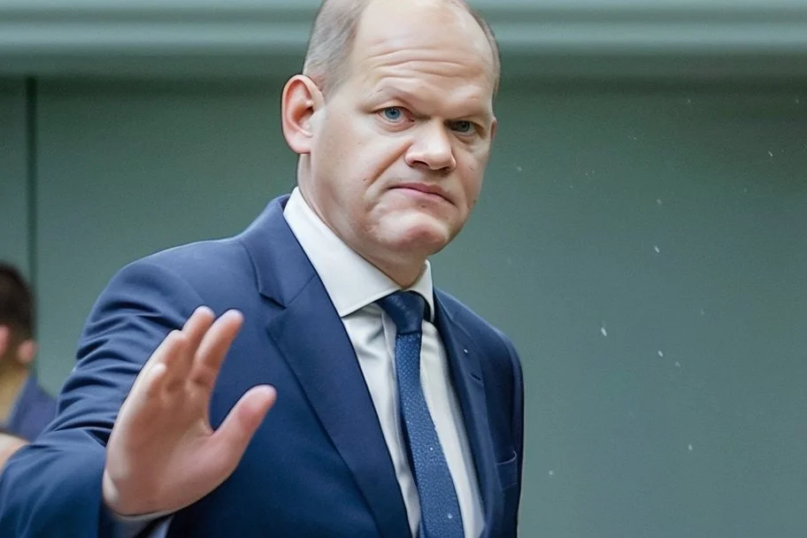 side view of Olaf Scholz walking, concerned expression, waving hand, pressed lips; in the style of VanGogh