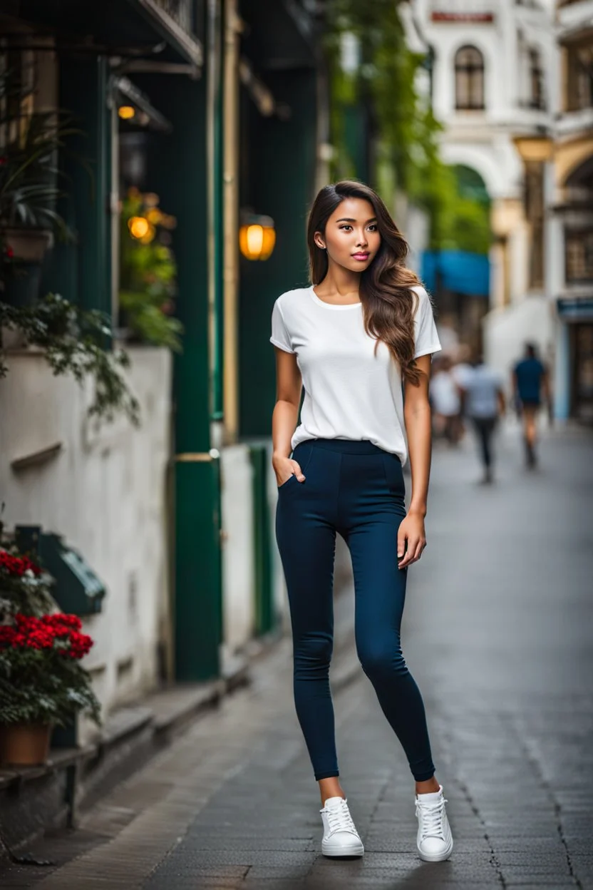 full body shot Young woman, 20 years old, wearing nice tight pant and top walk in street,looking to camera