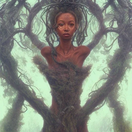 Painting .the face of A young black woman. A wood nymph emerging from the forest. Her hair looks like vines. Dreadlocs. Her skin is the colour of red soil. Her skin looks like tree bark. Her clothing is made of vines, grass and leaves