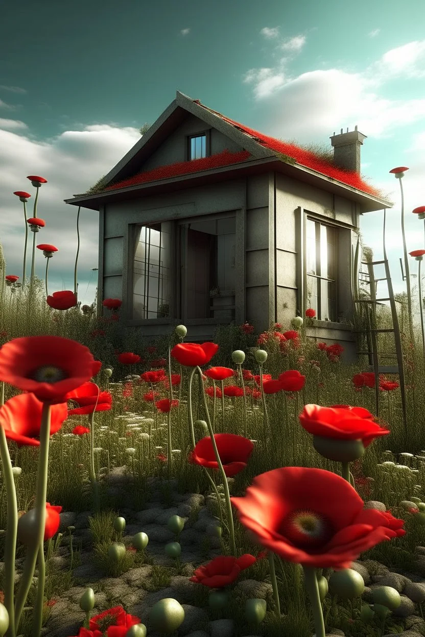 An modern small house surrounded with red poppies growing out of a zombie
