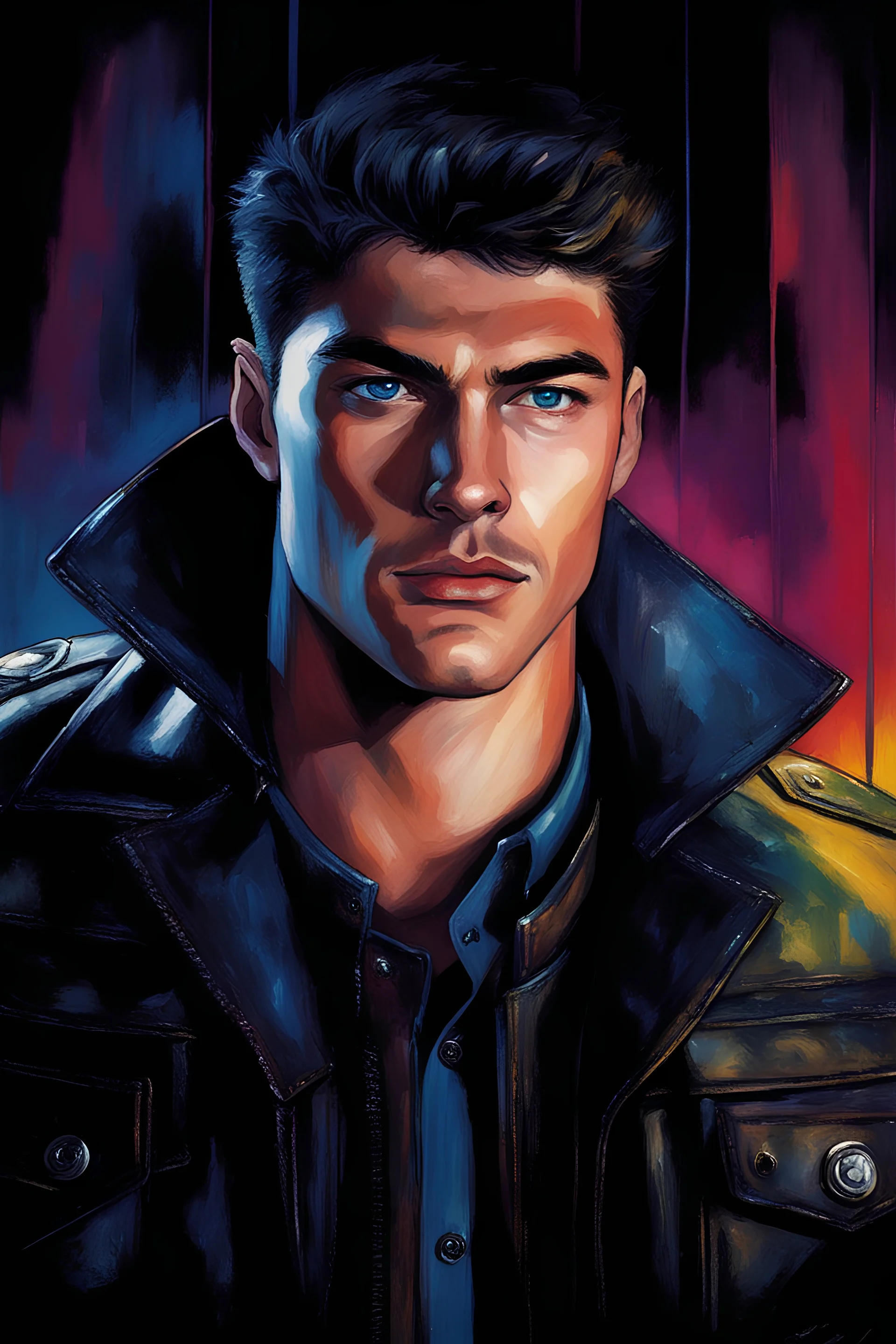 18-year-old Elvin P. Resley with crew-cut dark brown hair tapered on the sides, bangs over the forehead, goatee, bushy eyebrows, blue eyes, wearing a leather jacket - pitch black background with an overhead spotlight effect, extremely colorful, oil painting by Jim Lee