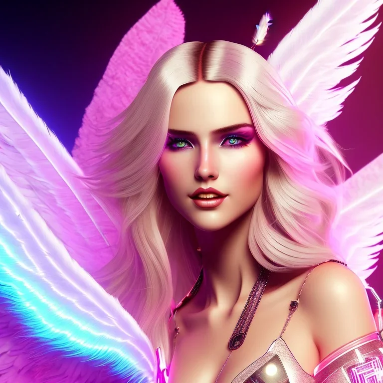 A beautiful portrait of a cute smiling cyberpunk woman with wings, long blond haire, high key lighting, volumetric light high details with white stripes and feathers and pink celtic paterns and luminous glasses in a starry background