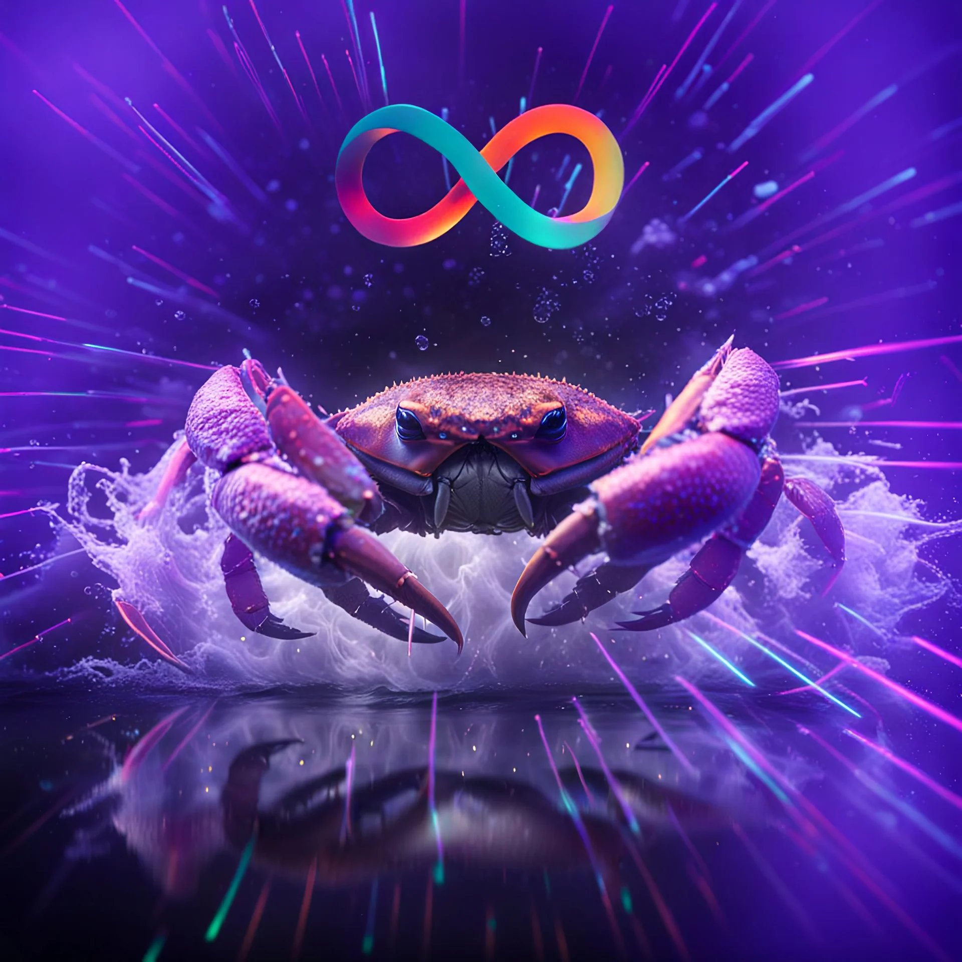 infinity symbol ∞ with vibrant powerful crab jumping out of the water, striking, neon, chiaroscuro, dramatic, captivating, powerful, fantasy, beautiful, octane render, 16k post-production, artstation: award-winning: atmospheric: commanding: fantastical: clarity: ultra quality: striking: brilliance: stunning colors: amazing depth; lens: f/11, 35mm