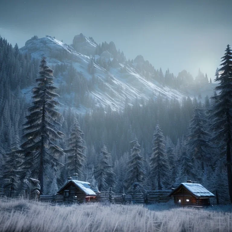 One hunter, a red dart, Snowy forest, sense of fear, Alps, mountain hut in the background, 8k, HD, cinematography, photorealistic, Cinematic, Color Grading, Ultra-Wide Angle, Depth of Field, hyper-detailed, beautifully color-coded, insane details, intricate details, beautifully color graded, Cinematic, Color Grading, Editorial Photography, Depth of Field, DOF, Tilt Blur, White Balance, 32k, Super-Resolution, Megapixel, ProPhoto RGB, VR, Halfrear Lighting, Backlight, Natural Lighting, Incandes