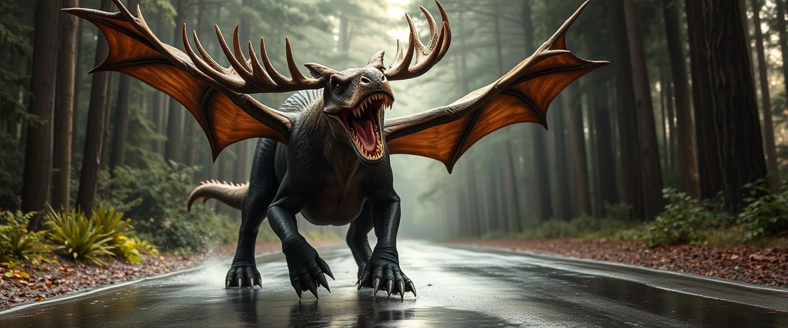 moose dragon rex with powerful wings in forest by the wet shiny road taking a bite of a youth nerd with glasses on an mc