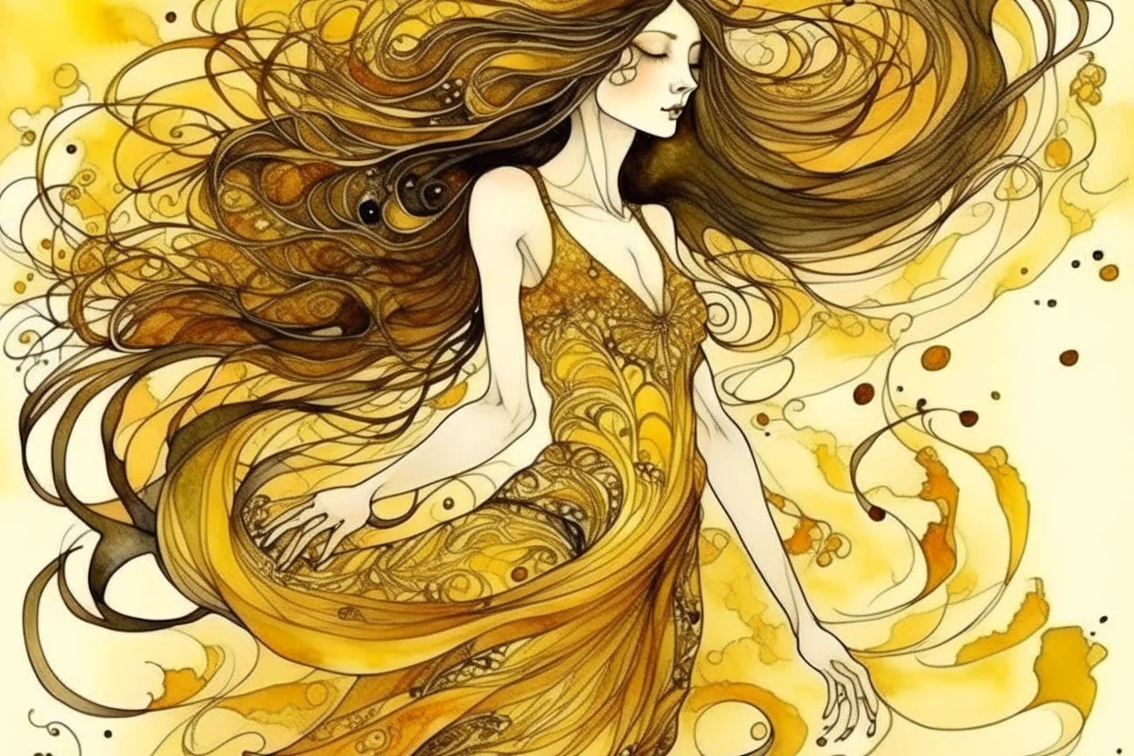 Dynamically dancing long haired brunette woman, in Klimt style, in ochre, watercolor and ink, golden glitters