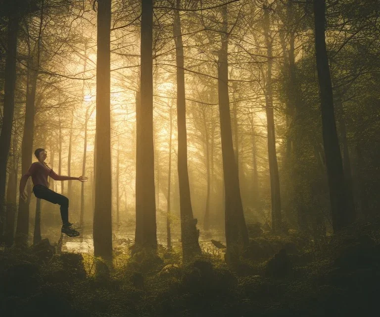 closeup of a young man floating in the air in the middle of the image in a misty forest in spring at sunrise with warm light rays, highly detailed, intricate, 8k, unreal engine, cinematic, vibrant, colorful, ultra high resolution