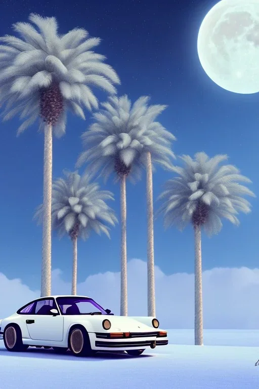 1980's aesthetic vaporwave palm trees with lighting with moon with porsche in the winter snow