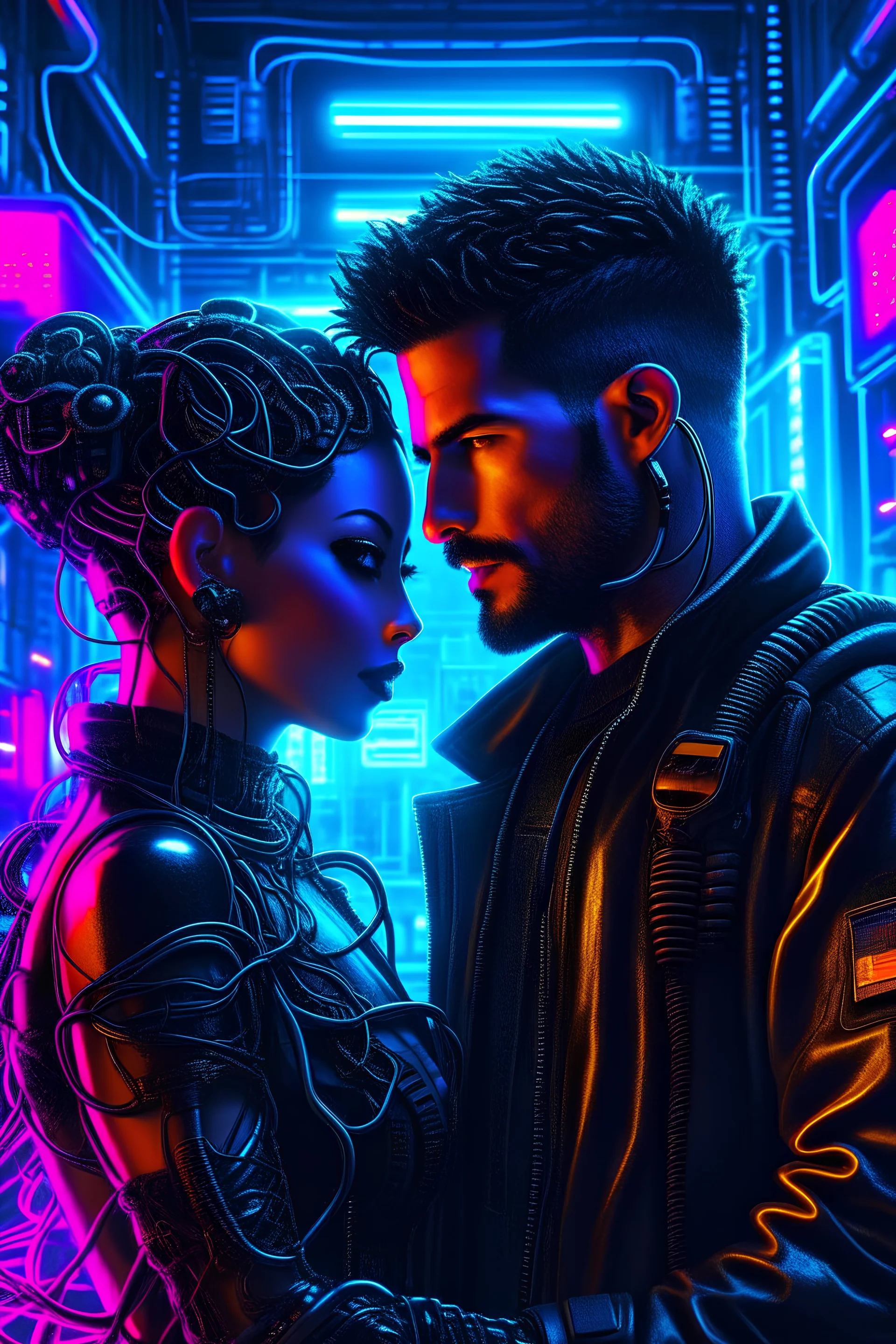 a handsome cyberpunk man connected by wires with a beautiful cyberpunk woman