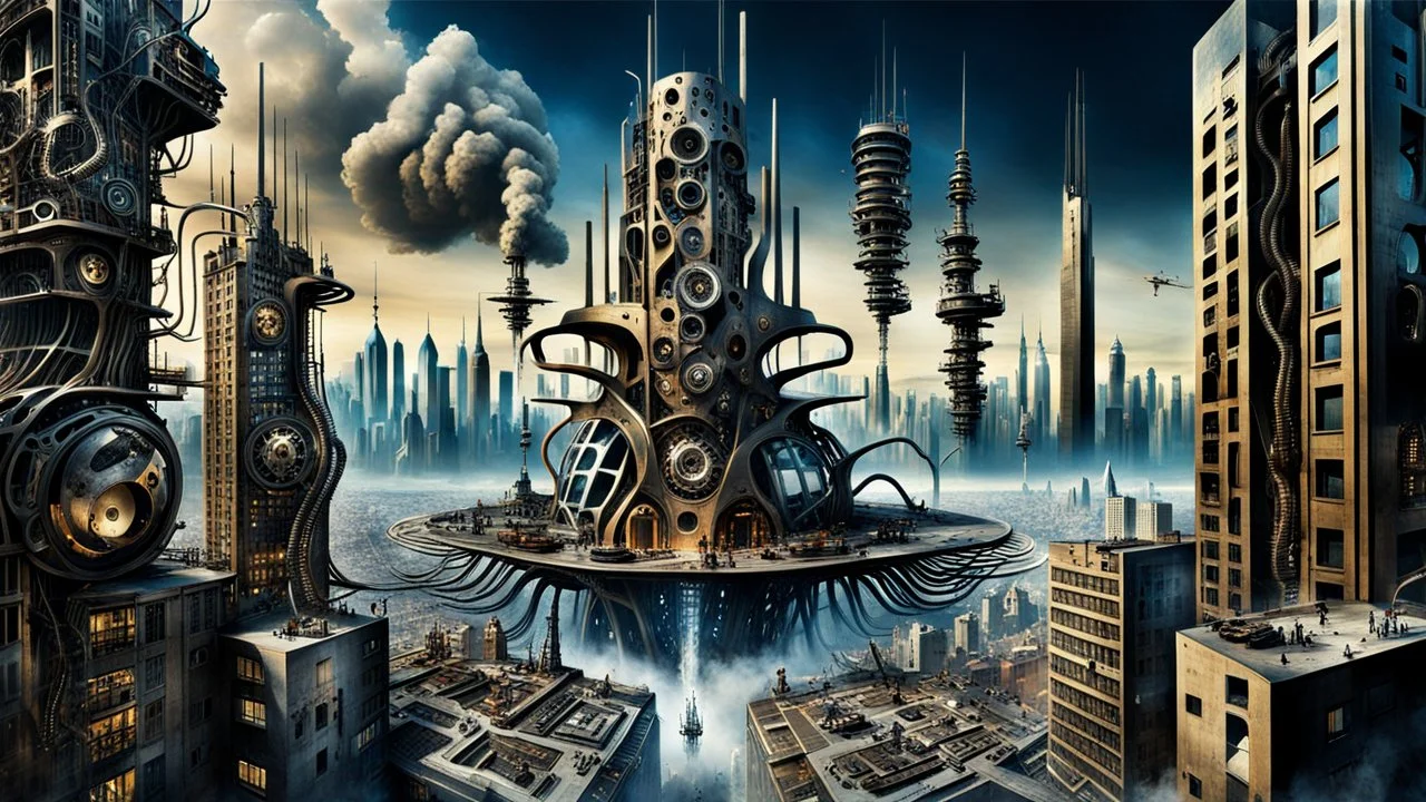 a stunningly weird image of a futuristic metropolis using Salvador Dali's paranoiac-critical method, where buildings and structures appear to melt into the skyline cityscape is filled with floating mad, twisted sharp metal shapes that interact with the buildings and each other, forming a surreal tableau of a dreamlike reality. neu-steampunk vibe, essence of the scene in a cinematic manner, with dramatic shadows that enhance the distorted perspectives and bizarre