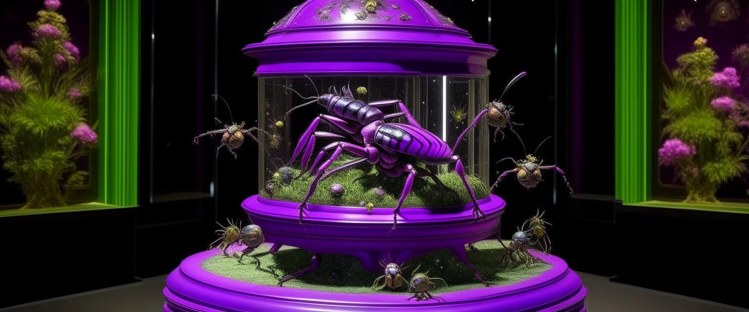 A purple observatory with grasshoppers made out crystals painted by Giovanni Battista Sassi