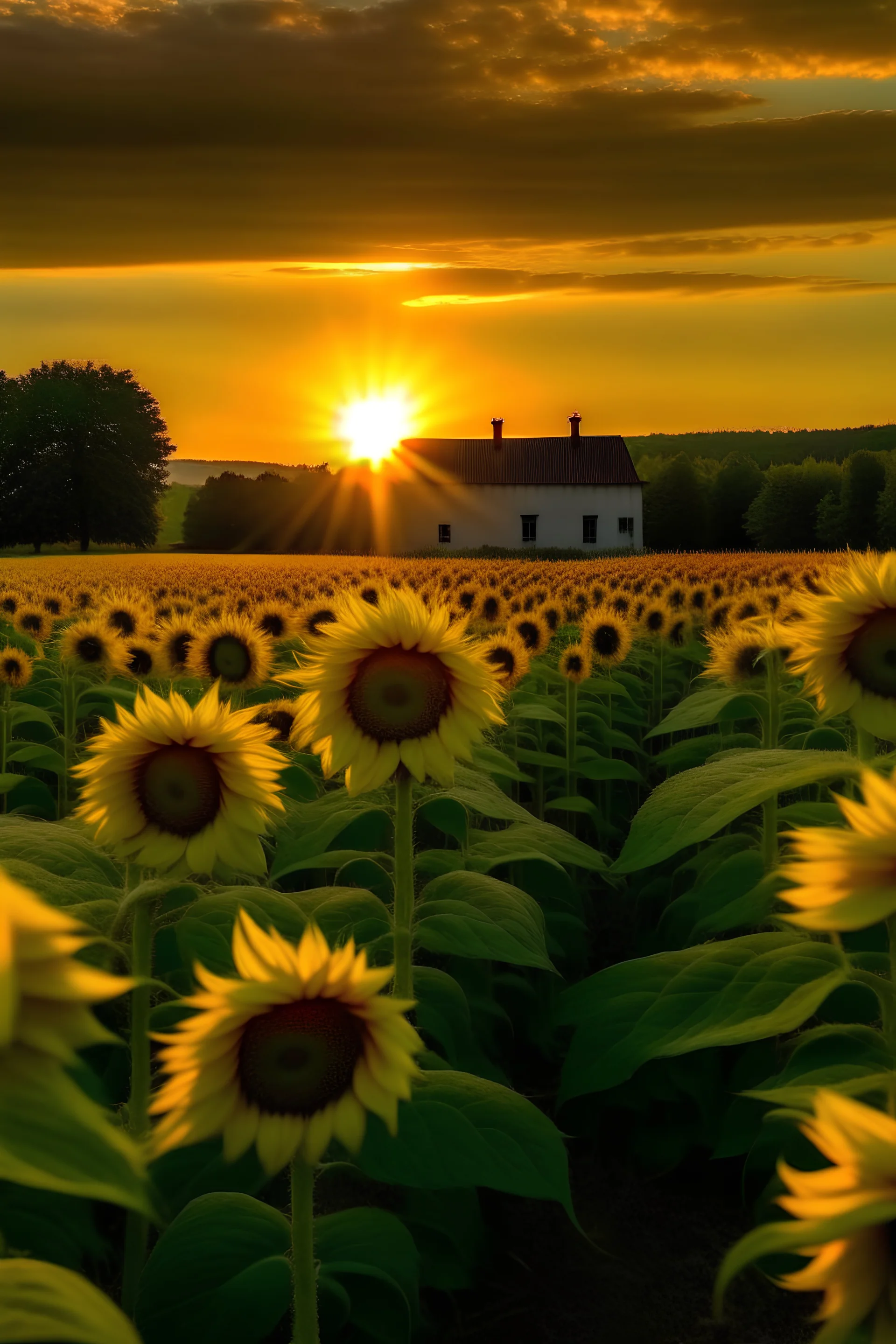 PAISAJE: UNA PLANTACION DE GIRASOLES, Y AL FONDO UNA CASITA CON LA PUESTA DEL SOL CON COLORES HERMOSOS.
