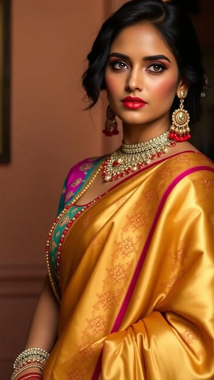 A jewel-toned turquoise blouse with fine gota-patti work, paired with a gold silk saree that shimmers under soft light. Ruby jewelry contrasts beautifully, while warm-toned makeup (bronzed cheeks and coral lips) adds richness.