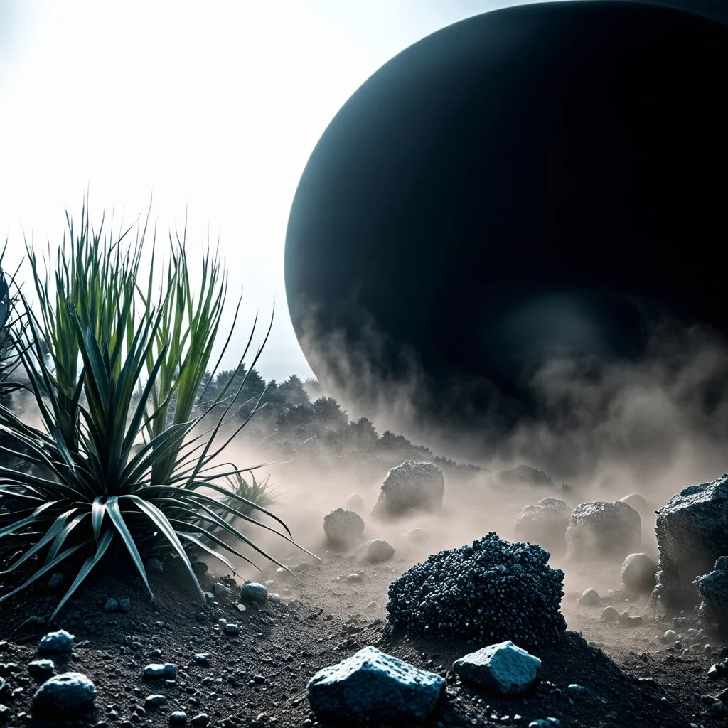 A striking quality photograph captures a wasteland with plants, creepy, details of the dust very accentuated, glossy organic mass, adorned with minerals and rocks. Bathed in intense light, eerie, Max Ernst and Yves Tanguy style, black sun, fog, volumetric light, octane render