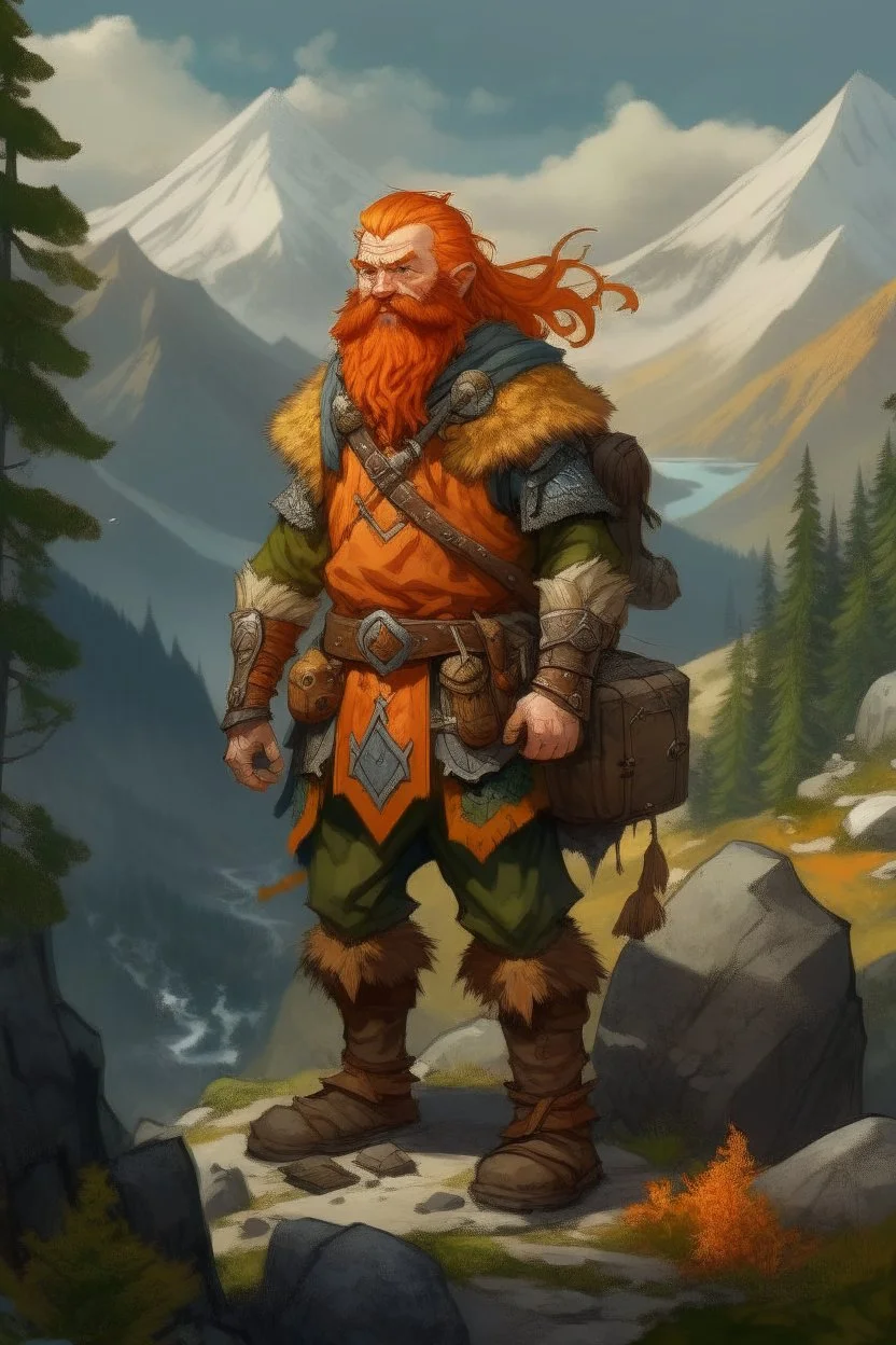 Realistisches Bild von einem DnD Charakters. Männlicher Zwerg mit orangenen Haaren. Er steht im Wald mit Bergen im Hintergrund. Er ist ein Jäger und hält eine Armbrust in der Hand.