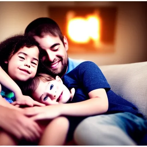 Two tired parents, cuddling on a couch, surrounded by kids and dogs, hugging, HDR, 8k, highly detailed, dynamic lighting