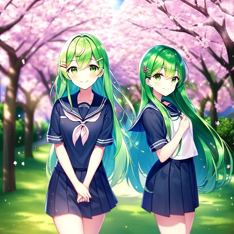 girl, masterpiece, best quality, cinematic lighting, detailed outfit, perfect eyes, long hair, green hair, green eyes, hairclip, outdoors, ray tracing, god rays, in spring, cherry blossom, sparkle, depth of field, smile, school outfit,