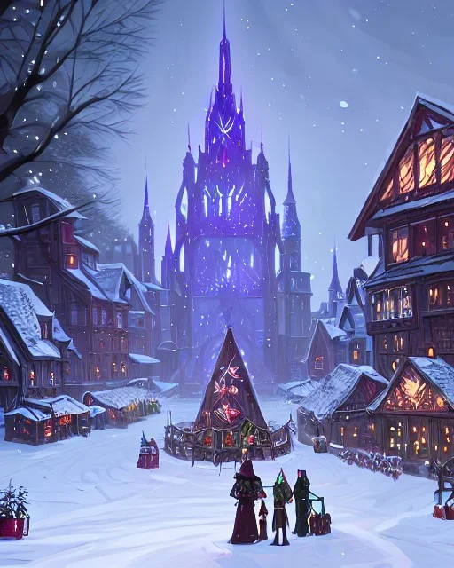 A magical snowy gothic warlock Christmas market with a large Christmas tree and a castle