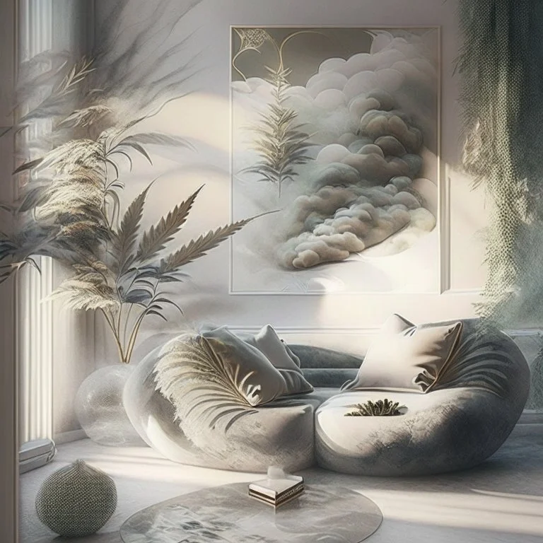 Design an art that potrays pleasure and relaxation derived from indulging in hash and weed, using elements like soft textures, hazy atmospheres, and gentle curves to evoke a sense of tranquility and bliss.