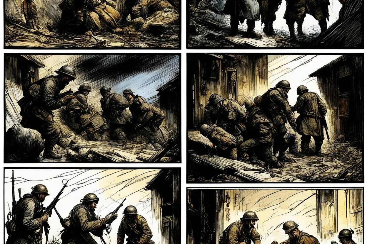 Masterpiece1:5)(Fineart), (award-winning:1.5), highest quality, war journalism, ink and colored pencil sketch of photocollage (by Gustave Doré, Jan Saudek:1.5),(Eastern Ukraine:(panel one:the moment after a battle ends, horrors of war, wounded men),(2nd panel, cinematic shot of men sitting in trench with 1000 yard stare (focus on their eyes:1.5)),(the third panel shows troops tired but hyper alert), (the fourth panel shows the sky is filled with incessant, fire and smoke everywhere,)