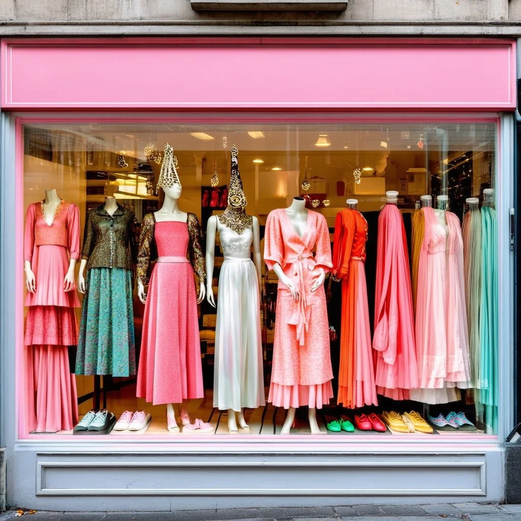 A shop window with women's fashion all bright and delicate colors