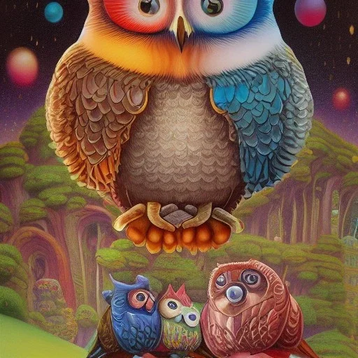 Family of cute and chubby owls multicolored by Fernando Botero and Jacek Yerka , sf, intricate artwork masterpiece, ominous, matte painting movie poster, golden ratio, trending on cgsociety, intricate, epic, trending on artstation, by artgerm, h. r. giger and beksinski, highly detailed, vibrant, production cinematic character render, ultra