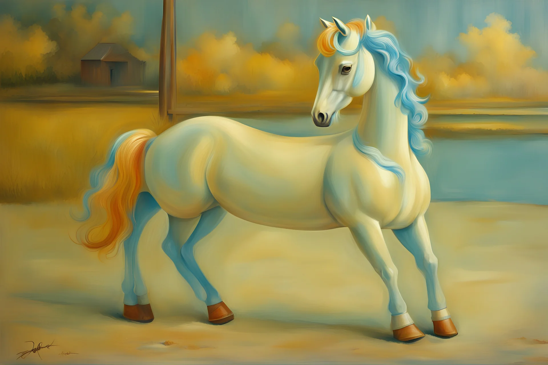 Big light blue plastic toy horse.19th painting