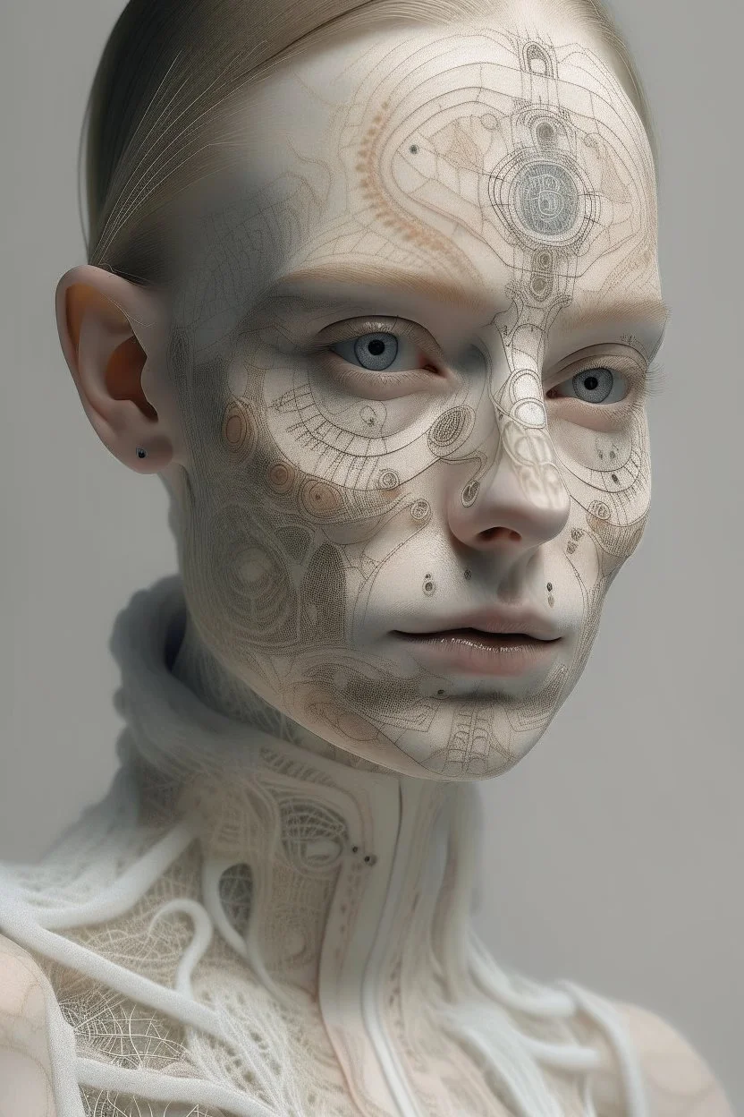 Portrait of a woman, creamy colors, robotic skin, embroidery on skin