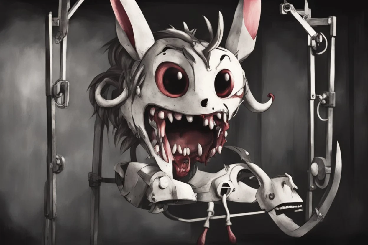 Sarah looked at herself. Upon examination, she noticed that from behind her back, on the left, hung some kind of thing resembling a Mangle appendage from the FNaF game. It was a metal head that looked like either a dog or a dragon. The jaw is filled with flat, sharp teeth. It was all held on a metal frame, on which the servos were located. There was a microphone in front of Sarah's nose. Feeling her head, Sarah found that it was impossible to remove the headphones, they seemed to have become par