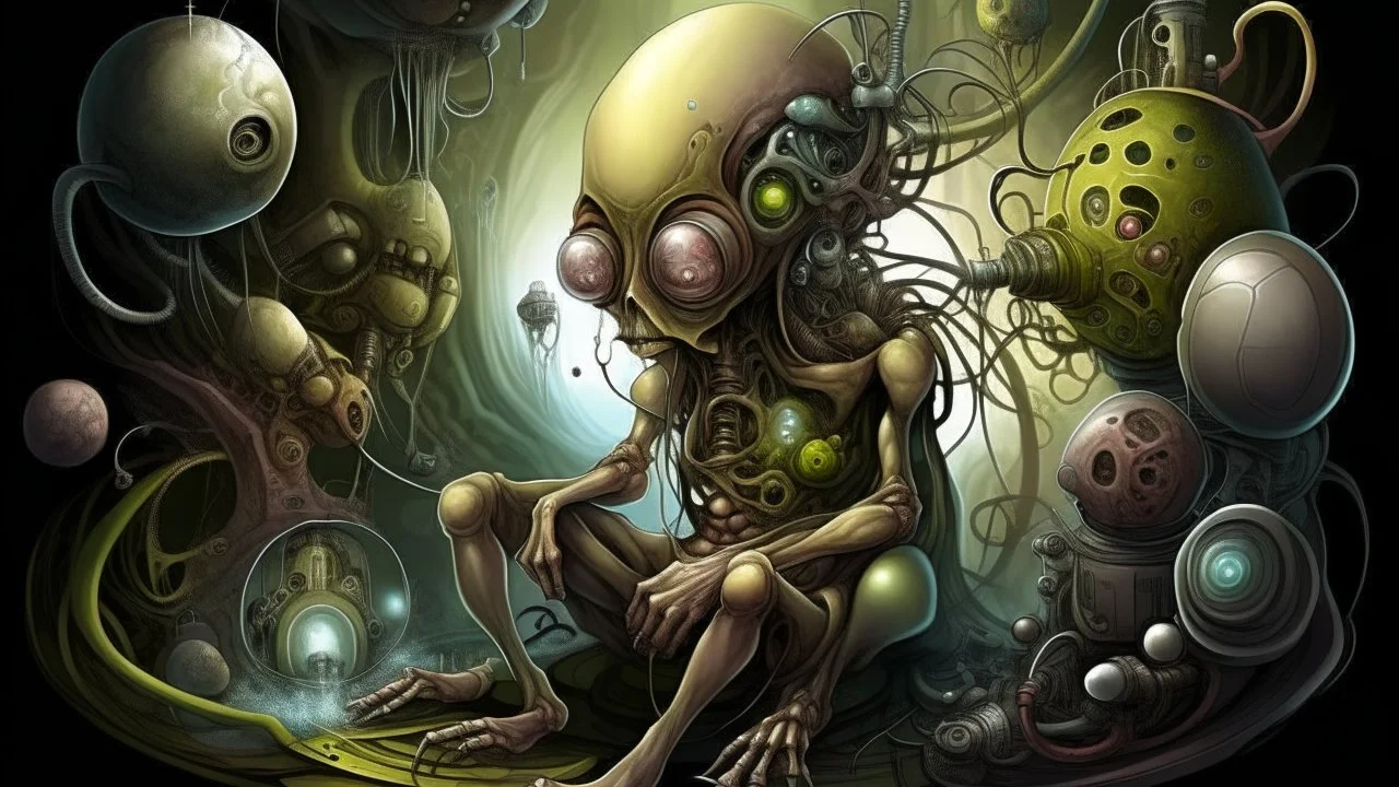 A surreal and fantastical image depicting a strange, humanoid creature with a large, bulbous head and distorted facial features, sitting in what appears to be a mechanical or technological device, surrounded by various abstract and organic elements. The overall style and composition suggest a dreamlike, imaginative, and unsettling atmosphere.