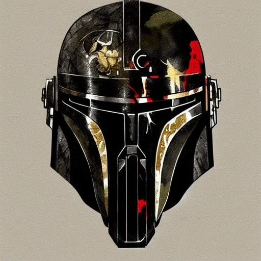 photorealistic the mandalorian helmet with camouflage painting, illustration by <agnes cecile> <Yoji Shinkawa>, ornate and intricate details , soft smooth lighting, concept art, black satin background,