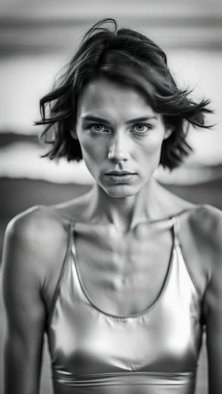 beautiful anorexic young woman, total shot, short shiny silver triathlon swimsuit, short brunette wavy bob hair, blurred beach background