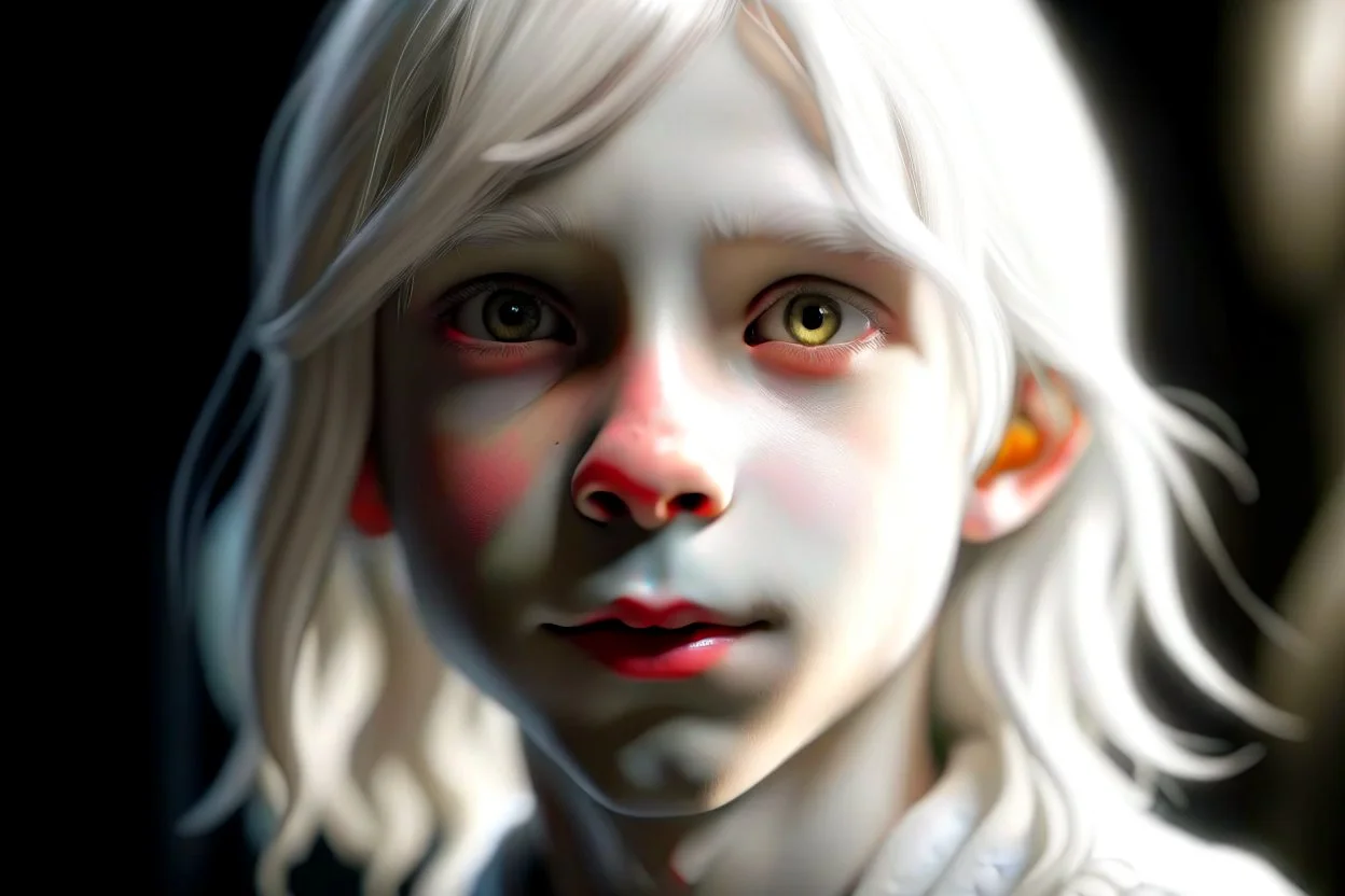 Detailed close-up photo-realistic portrait of a cute albino elf boy, cropped image showing left side, facing left, looking towards camera, smirking, cascading locks of long thick white hair, gray eyes, flawless skin, innocent look, look of wonder, contrasting shadows, bokeh in background,