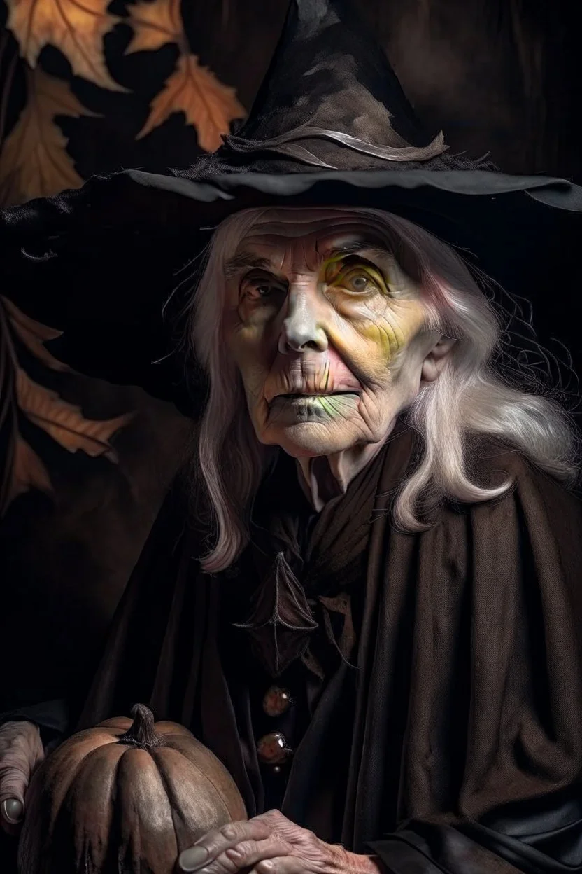 Old White-haired Witchery Witch in her pointed hat ready for the Coven in rusty autumn leaves and silver cobwebs. with burnished browns and abyss black.