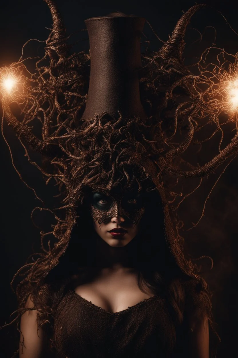 wizard hat Halloween vintage girl, Demon girl, fullbody, creepy, horrifying, sinister, many worms parasite creature connected to the head, sparks around her, sparks cybernetic, intricate, 8k, macro photography,