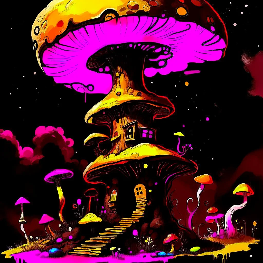 A fantabulous black, yellow, and magenta (((mushroom tower house))) erected atop a (geologic pillar), surrounded by the uncanny imaginative ((( swirling skies))), offset by the stark hues of a (neon-tinged nebulous space scape), within. captured by the hand a skilled master painter with a focus on (softly blurred compositions and voluminous lighting).