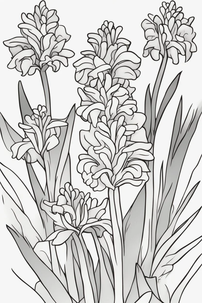 flowers coloring page for kids, hyacinth, cartoon style, thick outline, low details, no shading, no color