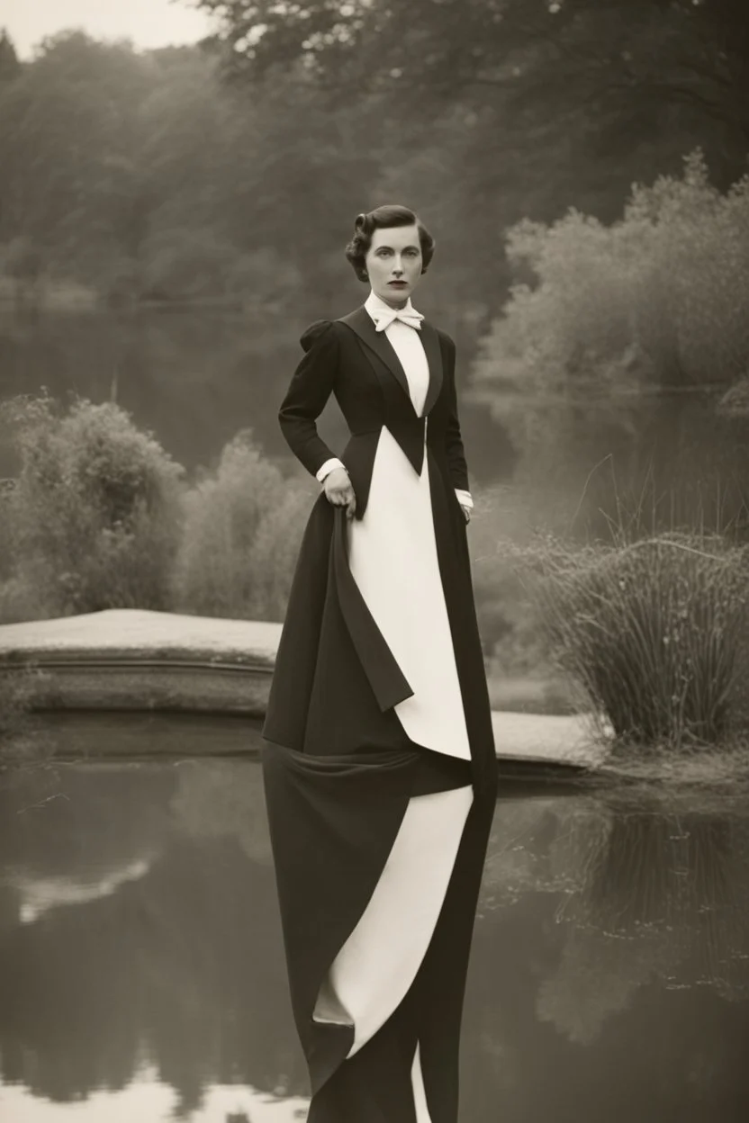 [vintage] A woman in tuxedo around a pond