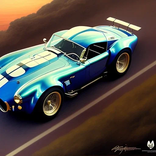 hyperrealism Drawing of 'AC Shelby Cobra 427' three quarter frontal aerial view, by gaston bussiere, greg rutkowski, yoji shinkawa, yoshitaka amano, tsutomu nihei, donato giancola, tim hildebrandt,oil on canvas, cinematic composition,Sharp detail,extreme detail,fit full head inside picture,16k