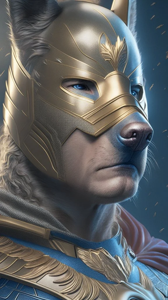 GustavoPetroman, cara de hombre, superheroe, mostrar antifaz de perro Golden Retriever dorado, antifaz en los ojos detallado, mostrar altura completa, detallado, intrincado, fotorealista, arte conceptual, 4k