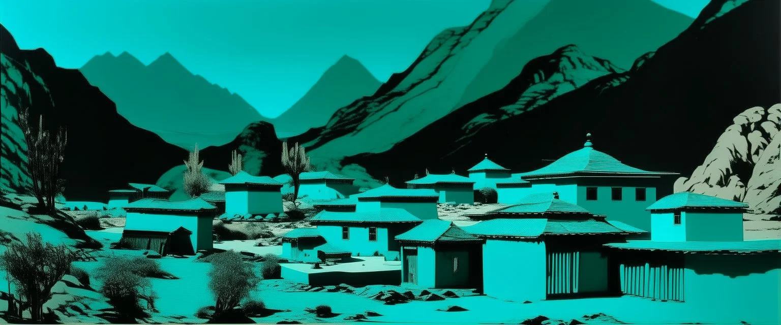 A teal Eastern village near a gorge and a mountain designed in ancient Egyptian pottery painted by Andy Warhol