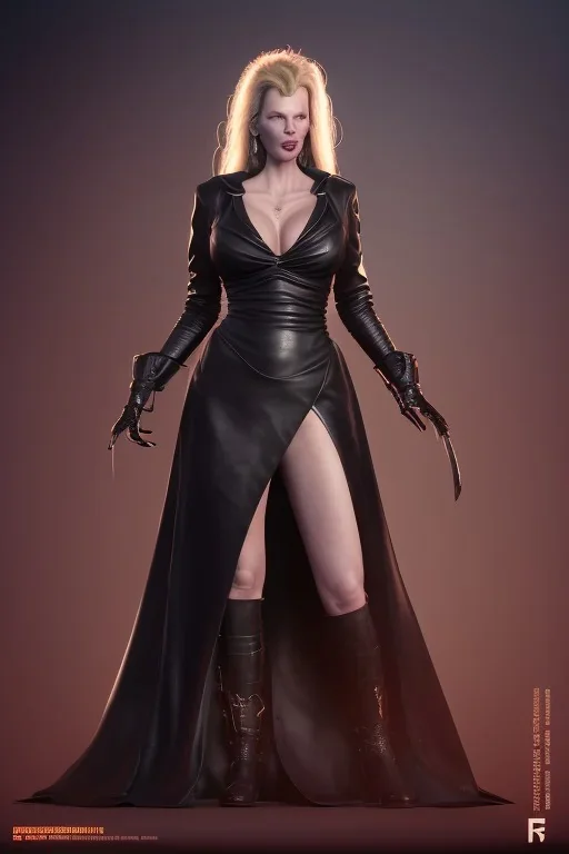 Kim Basinger in black leather gown, evil,energetic, villain, busty, cleavage, curvy, angry, happy, stern look. character design by cory loftis, fenghua zhong, ryohei hase, ismail inceoglu and ruan jia. unreal engine 5, artistic lighting, highly detailed, photorealistic, fantasy