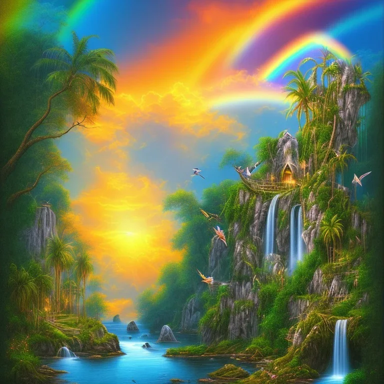  island waterfall palms twigs spring sunset rainbow bridge birds