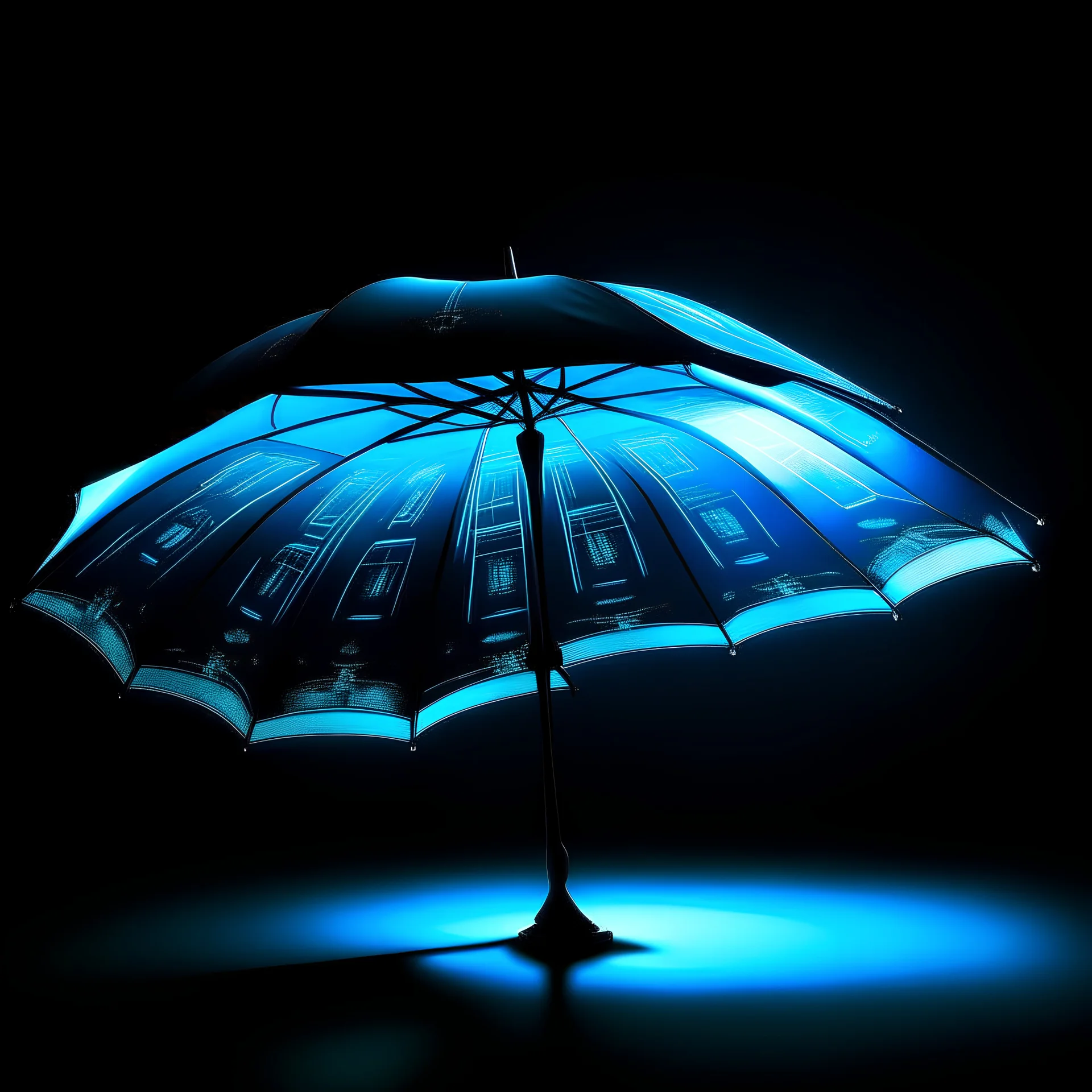 Create a product photo of an umbrella that has the shape of a UFO, can be folded, has 12 poles, glows blue in the dark, has a simple handle with a cell phone holder