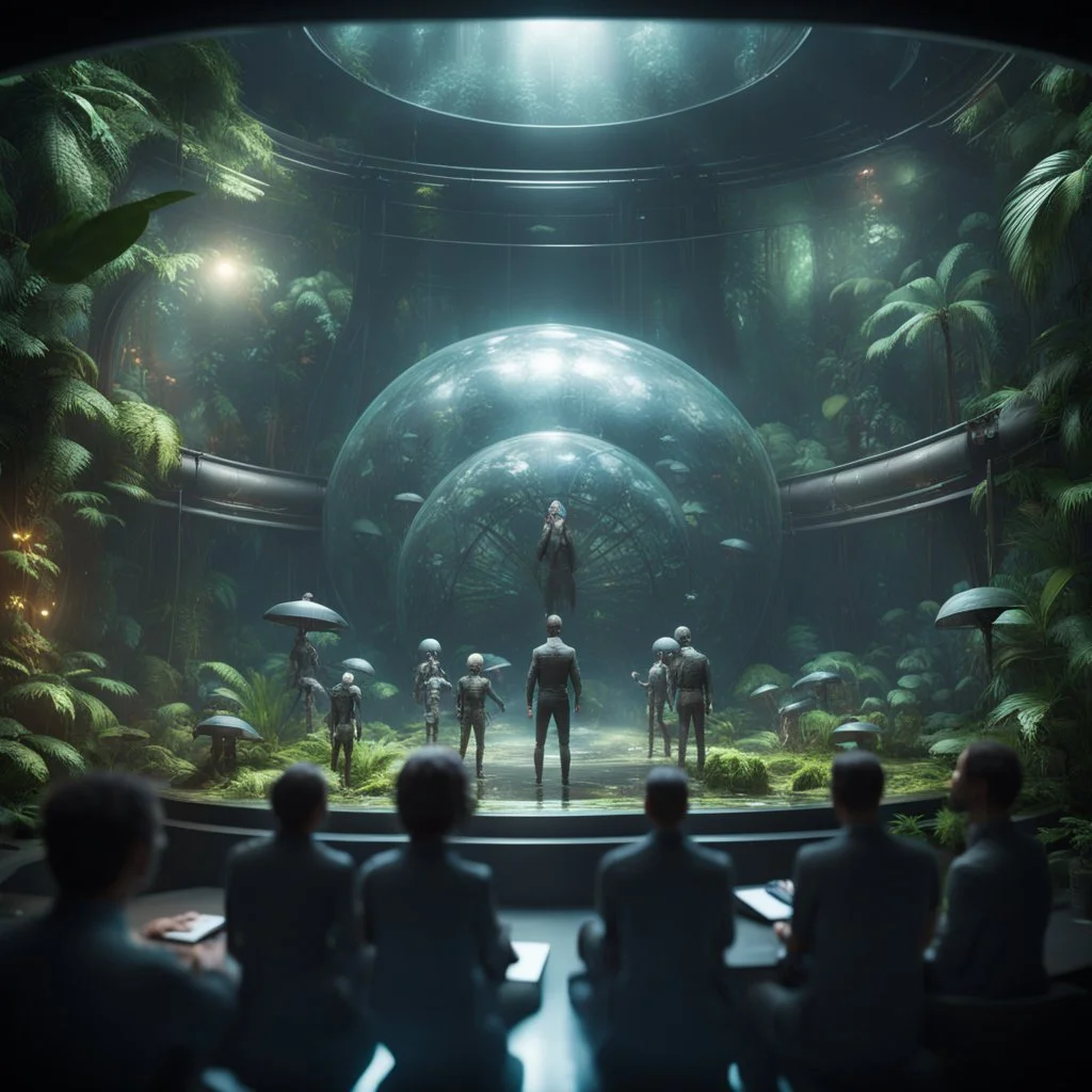 TED talk and video conference on transparent video screen with multiple sick aliens held by a scientist in dark lit reflective wet jungle metallic hall dome hotel tunnel, in the style of a fallout 4,bokeh like f/0.8, tilt-shift lens 8k, high detail, smooth render, down-light, unreal engine, prize winning