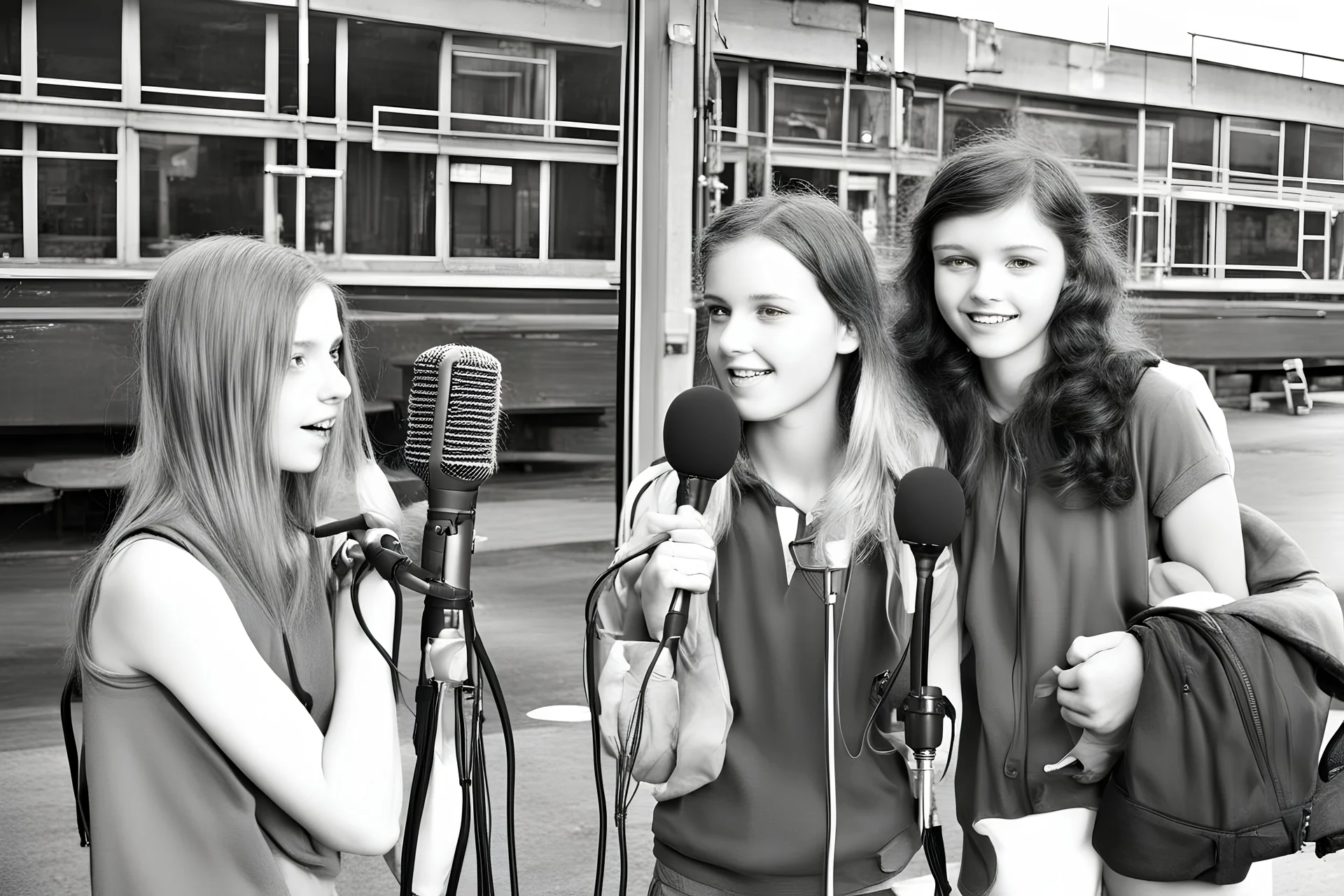 two teenage girls giving an interview; big microphone, reporter, radio