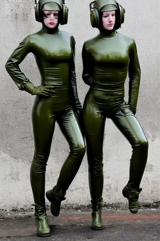 Russian military girls. Army green surfaces body, latex. skin is golden hard plastic material. Cyber-punk Metallic headphones and speakers, Old-fashioned cameras integrated to heads. Face covered by optics. Perfect body, thick thighs and calves. simple face. Wide hip, skirt bleats nicely. Asa Akira. Partly symmetrical. Straitjacket. Rusty and decayed background. Steam-plunge air-bottles. Euclidean 3D-tiling walls. 5th dimensional surface structures. Oppressive atmosphere