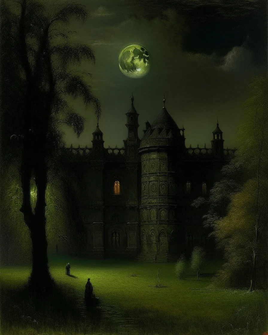 A black dark palace with a moon painted by George Inness