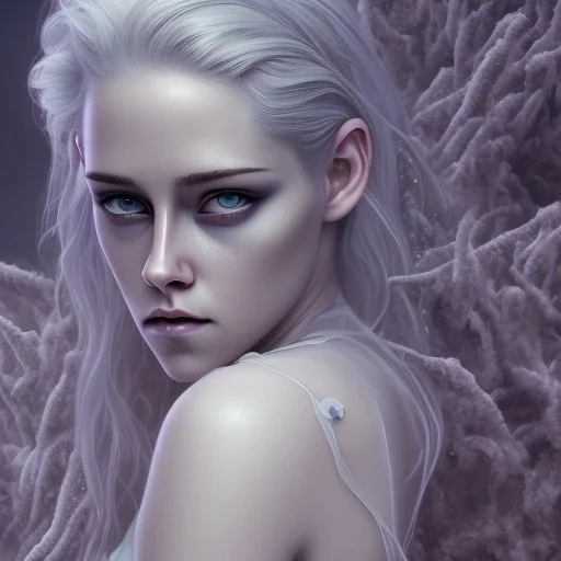 Kristen Stewart, karlan, icy blue, anime, mutated human,tears, crying, sad, fae, majestic, ominous, ice, plants, wildflower, facepaint, intricate, oil on canvas, masterpiece, expert, insanely detailed, 4k resolution, retroanime style, cute big circular reflective eyes, cinematic smooth, intricate detail , soft smooth lighting, soft pastel colors, painted Rena