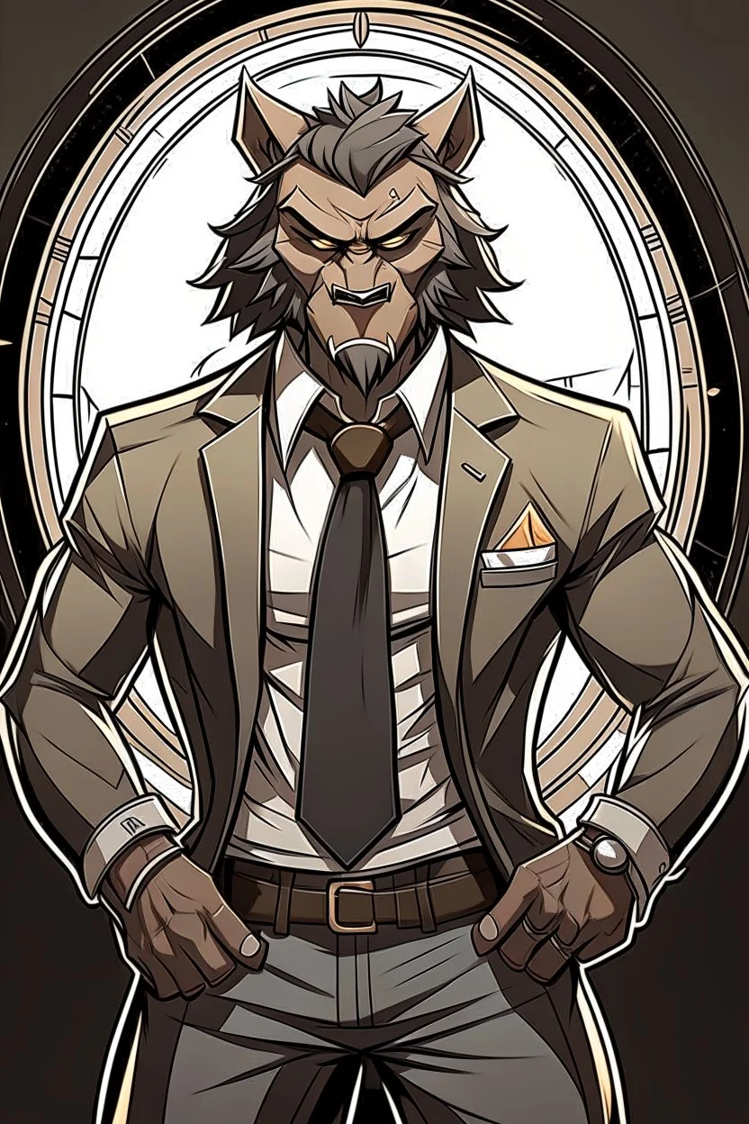 Buff, anthro, wolf, himbo, black fur, gold eyes, wearing a suit, full-body, muscles, strong, muscular, man boobs, bulky, tail, dark fur, smug grin, hands on hips,